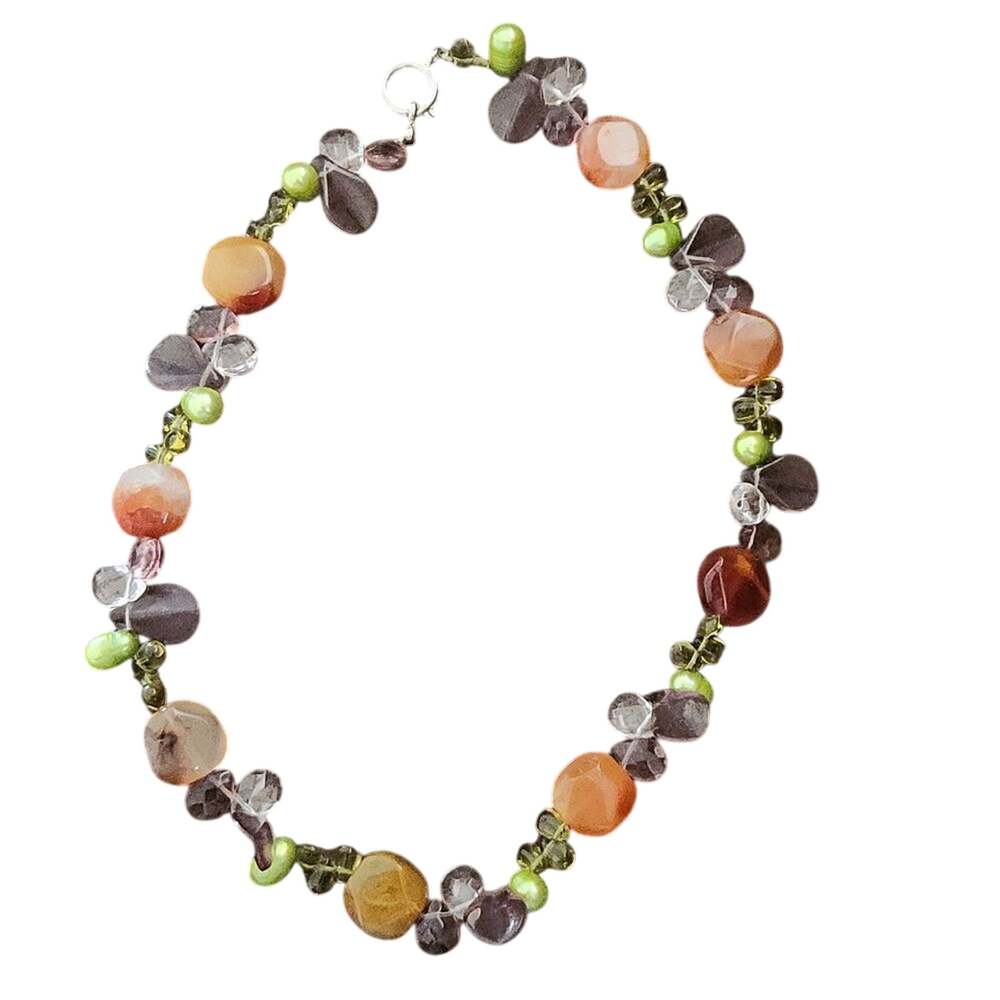 Multi color green,peach,clear polished beaded necklace